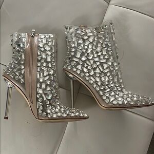 Silver Stiletto Heeled Boots with Crystal Embellishments